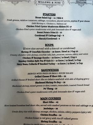 Menu  at Willows & Pine in Oakland