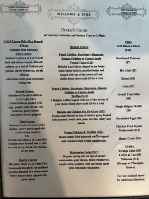 Menu  at Willows & Pine in Oakland