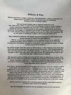 Menu  at Willows & Pine in Oakland
