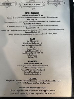 Menu  at Willows & Pine in Oakland