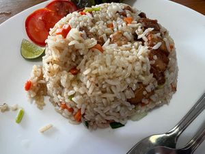 Fried rice w/ crispy “pork” belly  at Feel Good Cafe in Phitsanulok