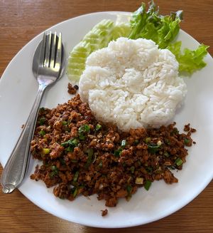 Stir fry with minced “pork"  at Feel Good Cafe in Phitsanulok