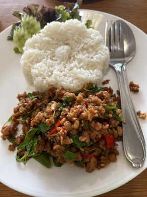Basil stir fry with minced “pork"  at Feel Good Cafe in Phitsanulok