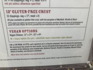 Wall menu  at OTTO in Exeter