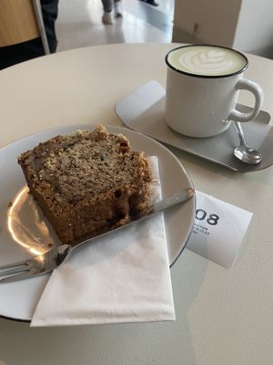 banana bread & oat matcha latte  at Kolektor in Prague