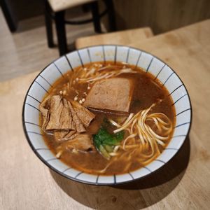 Mala Stinky Tofu Noodle Soup 麻辣臭豆腐麵.  Noodles in a flavourful mild mala (peppercorn spicy) stock with stinky tofu, tofu skin and vegetables. at Miao Guanyin - 妙觀音素食 - Zhongzheng District in Taipei