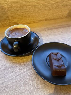 Cup of hot chocolate and a chocolate nut barr  at Gemini Chocolate in Beverley