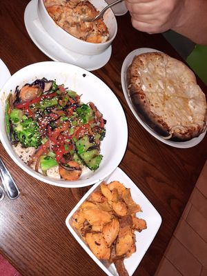 Vegan gf Buddah bowl, vegan gf sweet potato, vegatarian white pizza, vegan gf buffalo cauliflower at The Daily Kitchen & Bar in Richmond