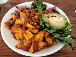 Buddha bowl with a very unusual mix of ingredients, some overcooked at The Daily Kitchen & Bar in Richmond