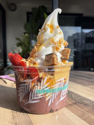 Large acai peanut bliss - with raw snickers coco soft serve granola and strawberries   at Blessed Bowls in Mosman