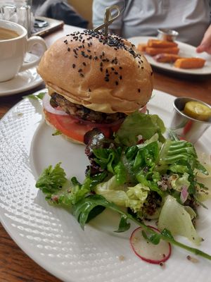 Mushroom burger and salad at Food4Thought - East in Chiang Mai