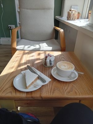Lemon coconut cake labeled vegan, with oat latte at Giraffe Cafe in Perth