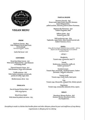 Vegan menu as of Feb 2023  #Veganuary at Francesca's Italian Kitchen in Wanaka