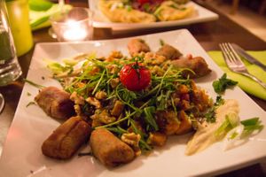 Croquettes made of chestnut on a Tajine of eggplant and sweeet potato at Wondergood in Frankfurt