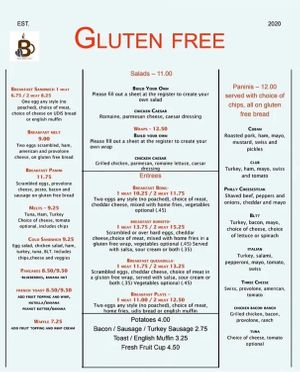 Gluten free menu. I don’t know if prep area is shared, and I don’t know if any vegan items are gluten free, so be prepared to ask questions.  at Busy Bean Cafe in Victor