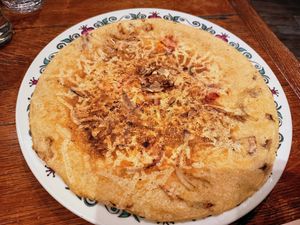 Vegan cheese, mushroom, onion, and tomato pancake at Efteling - Polles Keuken in Kaatsheuvel