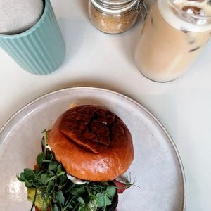 The loaded brioche (tasty but hard to eat) at Kollective Coffee & Kitchen in Sheffield