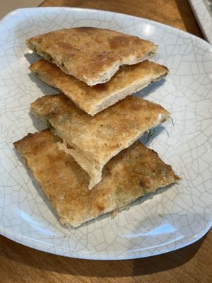 Scallion pancake (amazing—especially with chili oil)    at Hello Dumpling in Dallas