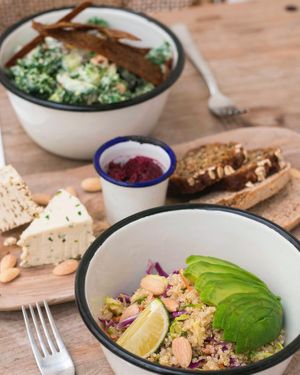 vegan bowl and vegan cheese at Comptoir 102 in Dubai