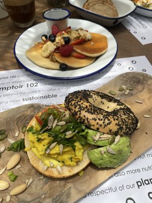 Vegan pancakes + vegan breakfast bagel   at Comptoir 102 in Dubai
