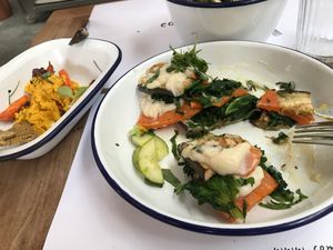 Vegan lasagne and hummus with carrots  at Comptoir 102 in Dubai