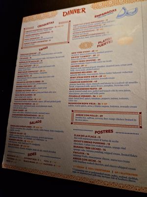 Left side of menu at Cafe La Trova in Miami