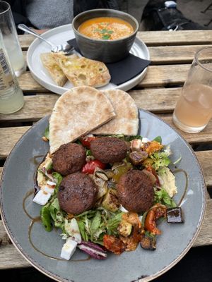Falafel salad and pumpkin soup   at Three Cottages Cafe in Leeds