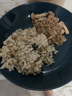 Vegan stir fried pork and shiitake mushroom on brown rice. Tasty     at barbowl in Phuket