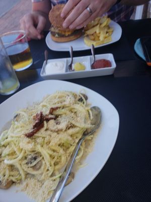 Corgette linguine carbonara and mexican burger at The Wala Room in Torremolinos