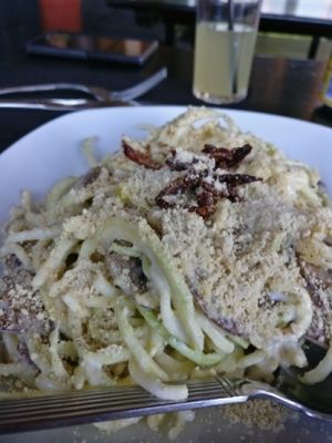 Spiralised courgette carbonara at The Wala Room in Torremolinos