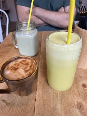 Ginger crush juice, flat white, and Sweet Green Protein shake  at Sùgh Ùr Café in Inverness