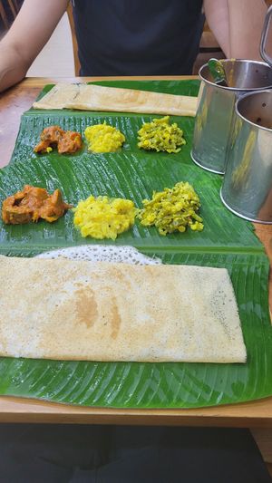 Pumpkin, cabbage, and another veg with corn dish with dosa at Visalatchi's Banana Leaf in Kuala Lumpur