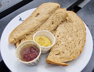 Sourdough bread with olive tapenade and hummus at Brouwerij 't IJ in Amsterdam