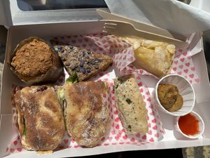 Vegan picnic box with “chicken” sandwich   at The Little Picnic Shop in Castle Combe  in Chippenham