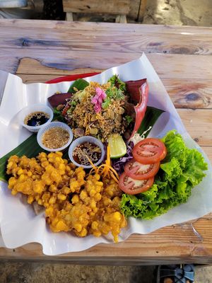 Tea Leaf Salad and Corn Fritters at Green Food in Chiang Mai