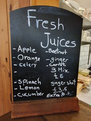 Juice menu at Food & Mood in North West London
