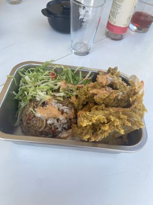 The daily special: Peruvian rice with salad and fries with super crunchy and delicious mushrooms. Seriously can’t say what I most enjoyed as I loved everything! Good portions!  at Ongo in Porto