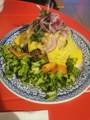 Dish with basmatic rice and veggies. Amazing at Ongo in Porto