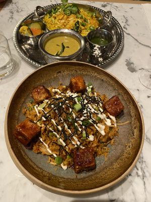 Kiri hodi (silver platter) and the salt and pepper tofu bokkeumbapp  at Mildreds - Victoria in South West London