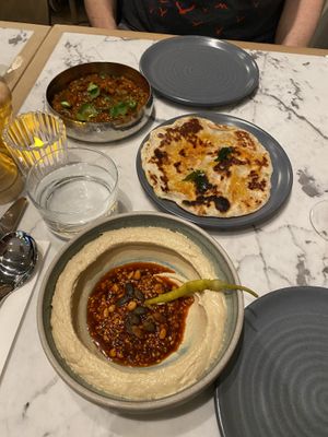 Charred Aubergine Bharta with paratha and salsa macha hummus   at Mildreds - Victoria in South West London