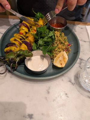 Went back a second time before leaving London. My husband here had the "Amba chick'n kebabs" at Mildreds - Victoria in South West London