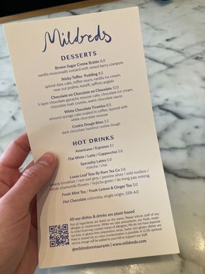 dessert menu at Mildreds - Victoria in South West London