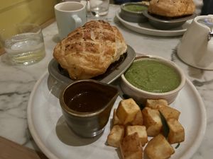 Mushroom pot pie and minted mushy peas  at Mildreds - Victoria in South West London