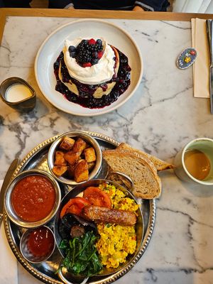 Berry cream pancakes and English breakfast at Mildreds - Victoria in South West London