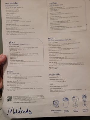 Menu at Mildreds - Victoria in South West London
