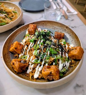Kimchi Bokkeumbap: fried rice, kimchi & gochujang sesame sauce, organic salt & pepper tofu, garlic aioli, nori at Mildreds - Victoria in South West London
