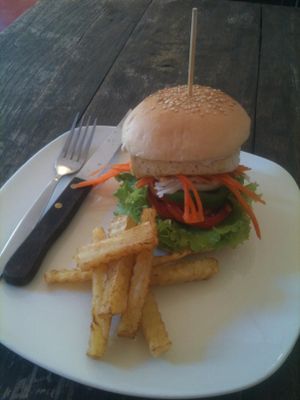 Tofu burger 70 baht at Fuang Vegetarian in Chiang Mai