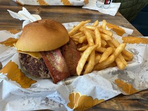 Amazing food! Everything on their menu save for the Philly cheesesteak can be made vegan. Great food and fun atmosphere, top draw place, highly recommend,  even have vegan bacon!  at Holy Cow  in Selden