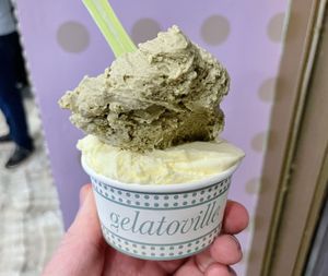 Vegan pistachio and vegan mango  at Gelatoville in New York City