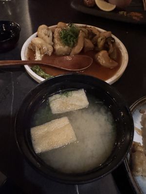 Agadashi tofu (partway through!) and vegan miso (by request)  at Bincho Boss in Melbourne